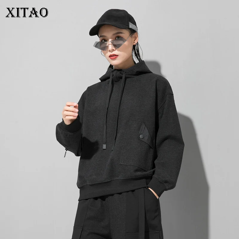 XITAO черные толстовки с капюшоном на завязках, модные новые элегантные пуловеры с карманами и длинными рукавами, маленькие свежие повседневные толстовки с капюшоном, DMY2166