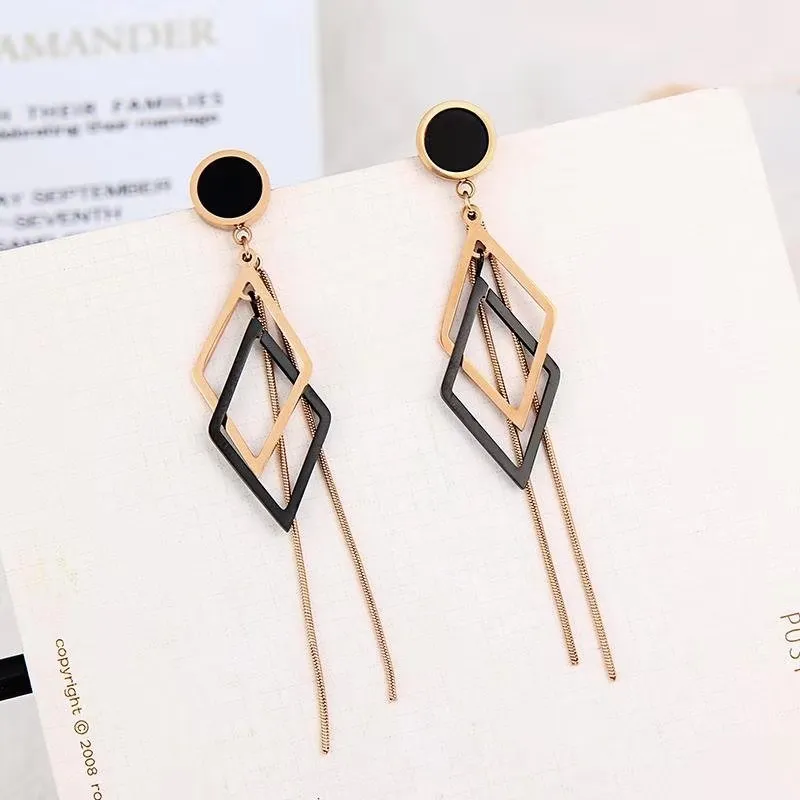 

New Fashion Women 18 K Rose Gold Filled Lab CZ Black Shell Twisted Rhombus Drop Dangle Earrings Exaggerate Europe Nickel free
