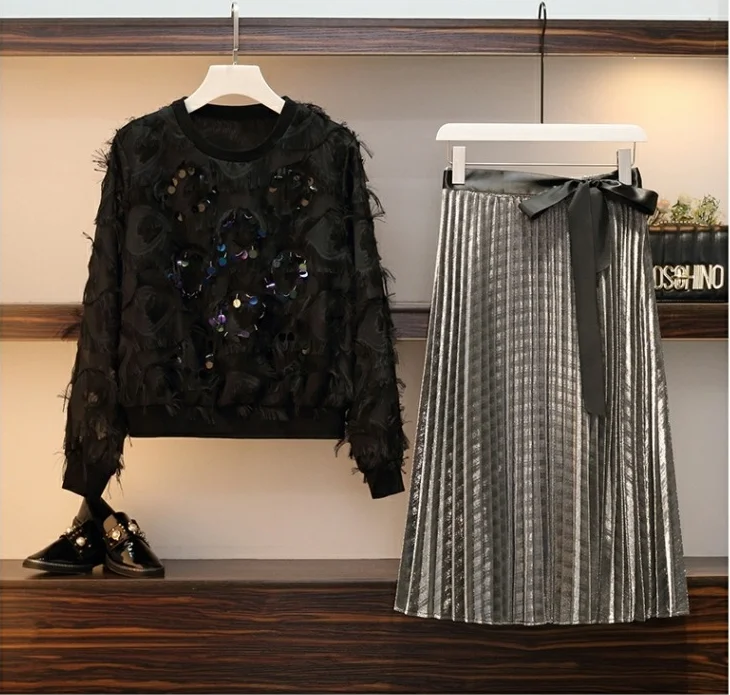2019 новый топ с блестками и кисточками плиссированная юбка комплект из двух