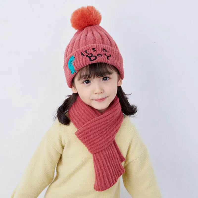 2-8years Children Fleece Knit Hat Winter Kids Scarf Set for Girls Boys Yellow Grey Red Pink