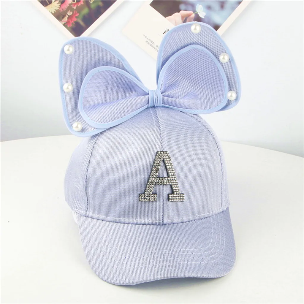 Light blue Милая Детская кепка с буквенным принтом и жемчужным бантом, бейсбольная кепка от солнца, стильная модная хлопковая смесь, привлекательные детские шапки - Цвет: Light blue