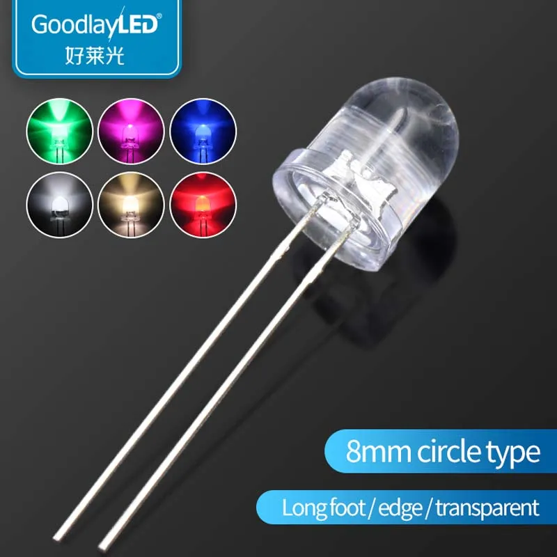 1000 шт. Led F8 / 8 мм круглая головка прозрачный длинный край ног белый красный синий