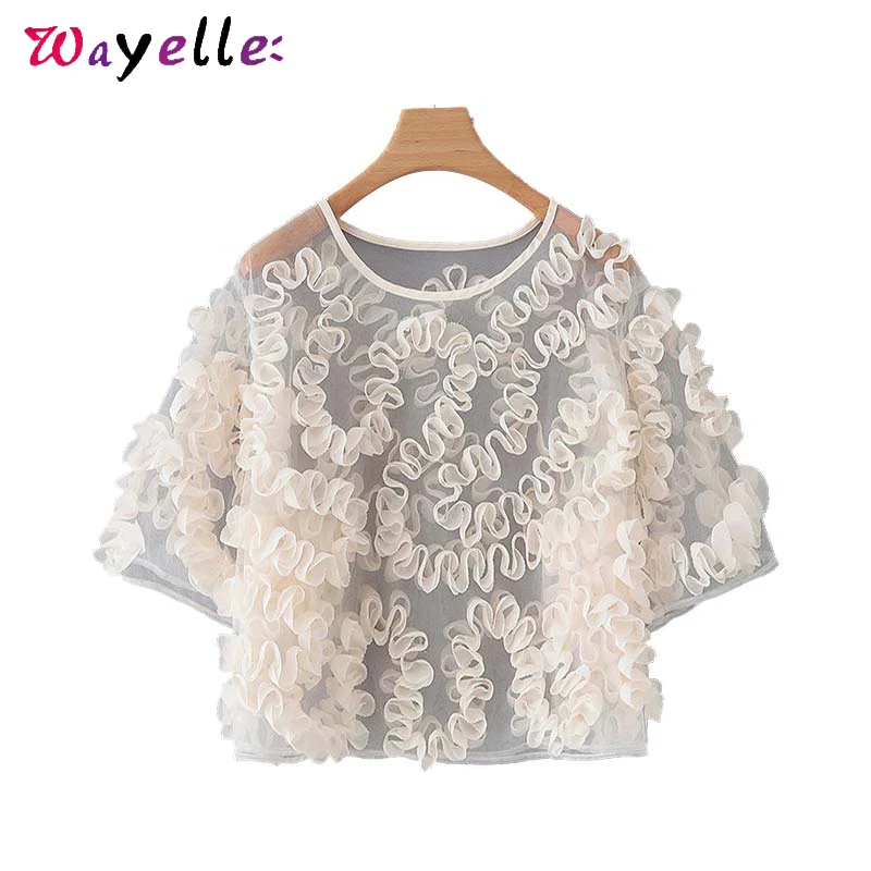 

2019 Women Stylish See Through Ladies Tops Casual Sexy Mesh Crops Tops Short Style Blouses Short Sleeve Chic Shirts Blusas