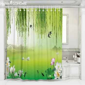 

Green Willow 3D Shower Curtains Swallow Lotus Flowers Waterproof Fabric Top Quality Bath Curtain Bathroom Screen Curtain Boho
