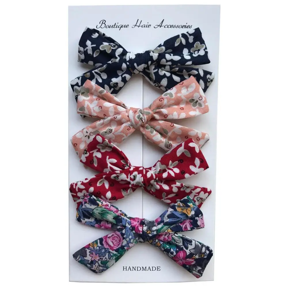 Floral 02 with Clip 4 шт./партия, 3 дюйма, из хлопка и льна школьница лук заколки для волос или нейлоновая повязка на голову, с цветочным принтом, Handtied лук защищенный зажим «крокодил» для малышей, подарок новорожденному - Цвет: Floral 02 with Clip