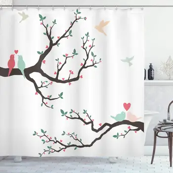 

Love Shower Curtain, Retro Birds on The Tree Branch Serenade Nostalgic Partners Ceremony Love Romance, Cloth Fabric Bathroom