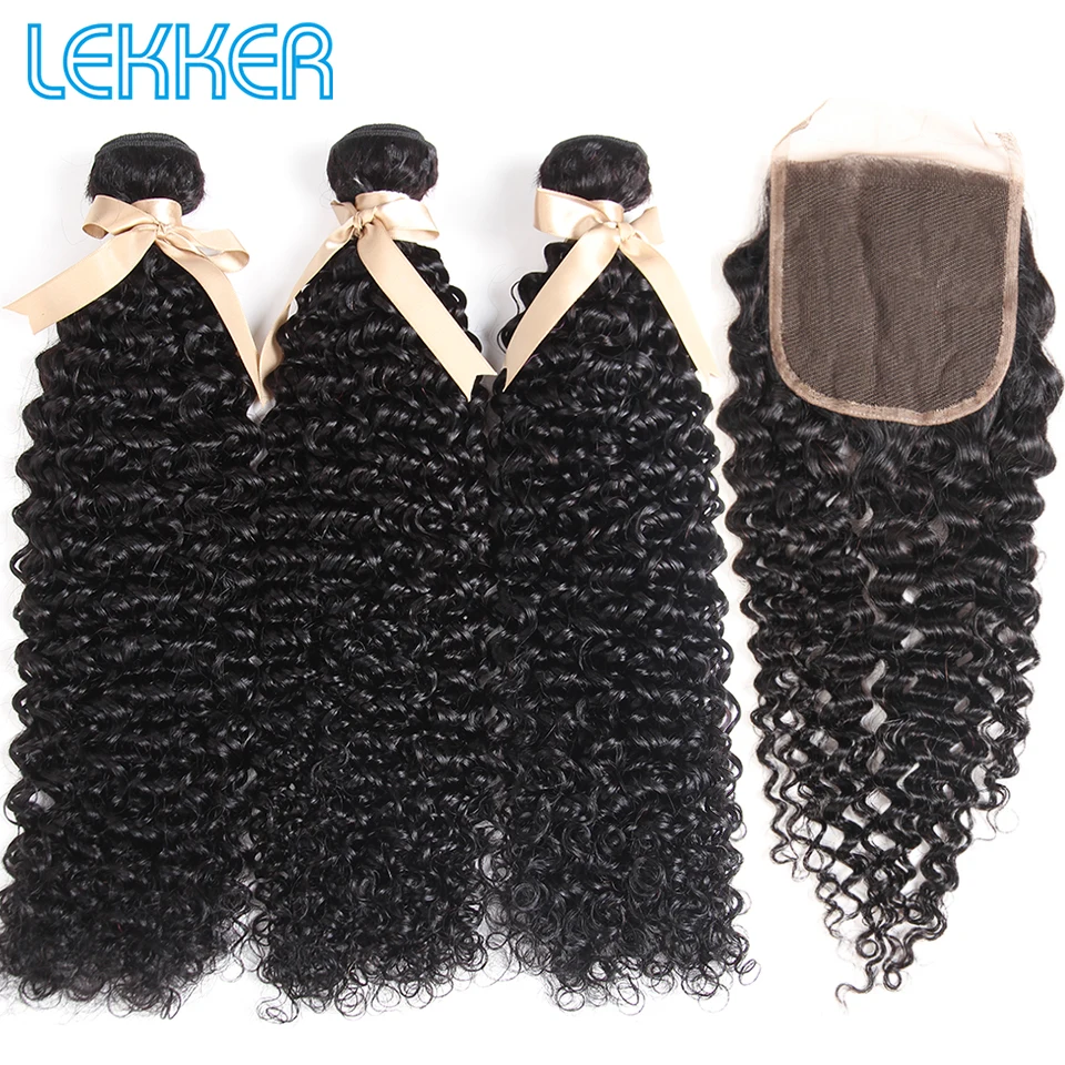 Lekker бразильские афро кудрявые вьющиеся волосы волнистые пучки с закрытием 100% человеческих волос плетение 2 3 завитка пучки с 4*4 Кружева