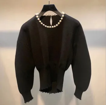 

Women's Knitted Pullover Back Hollow Out Knitted Sweater Solid Color Pearl Knitwear Tops