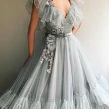 Серебристо-серые платья для выпускного вечера цветочное кружевное ТРАПЕЦИЕВИДНОЕ платье с рукавами-крылышками для выпускного вечера с оборками Многоуровневое вечернее платье из тюля вечерние длинные платья