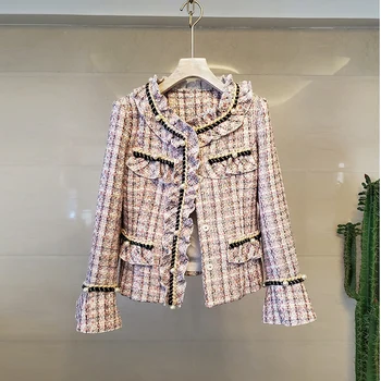 

Ruffles Pearl Tweed jackets Flare Sleeve Pink Cropped Jacktes Women Vintage Patchwork Covered Buttons Luxury Autumn Coat A358
