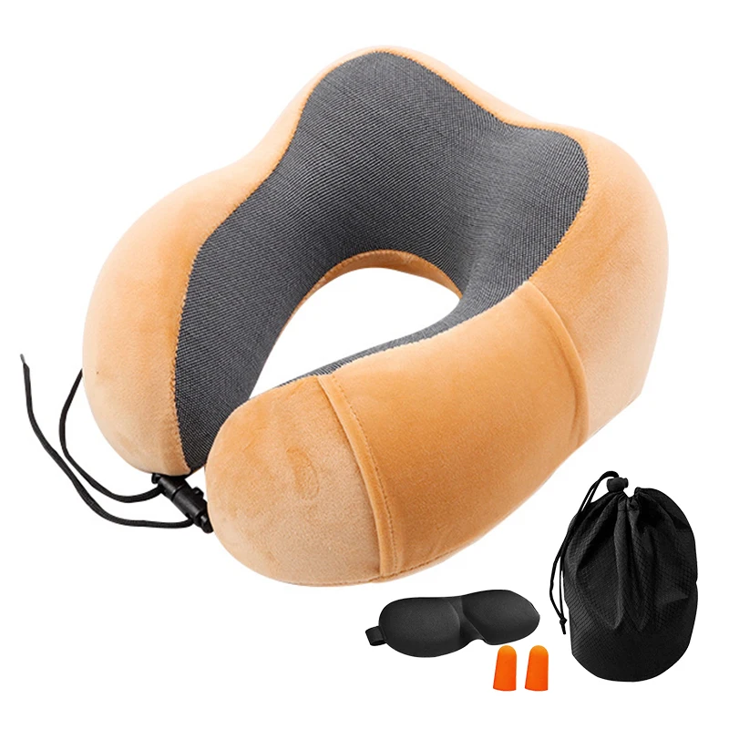 Подушка u-образной формы для путешествий с эффектом памяти, массажные подушки для шеи, постельные принадлежности, комплект для путешествий с 3D масками для глаз, беруши, роскошная сумка - Цвет: Apricot1