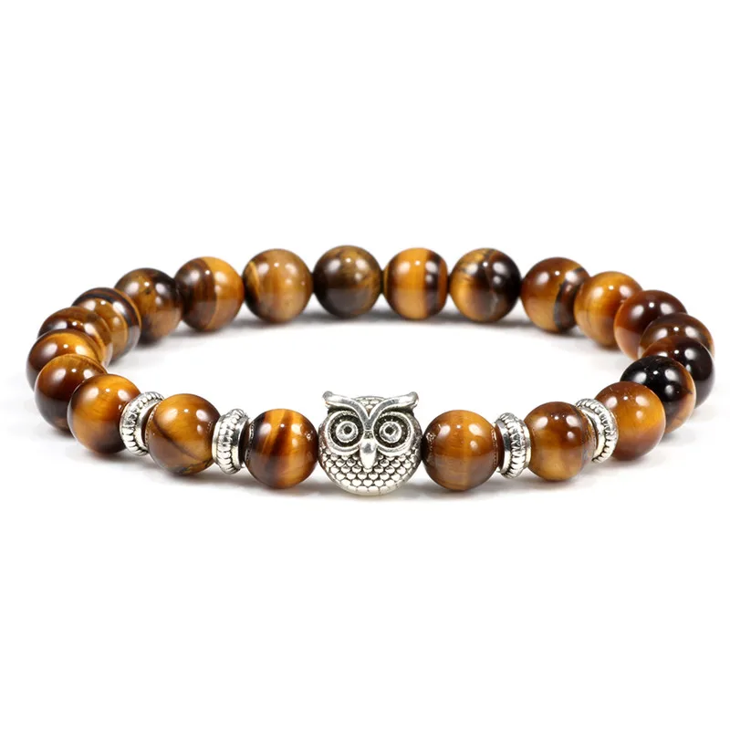 Natural Stone Bracelet Black Lava Tiger Eye Weathered Stone Bracelets Bangles Classic Owl Beaded Charm for Women and Men Yoga Jewelry