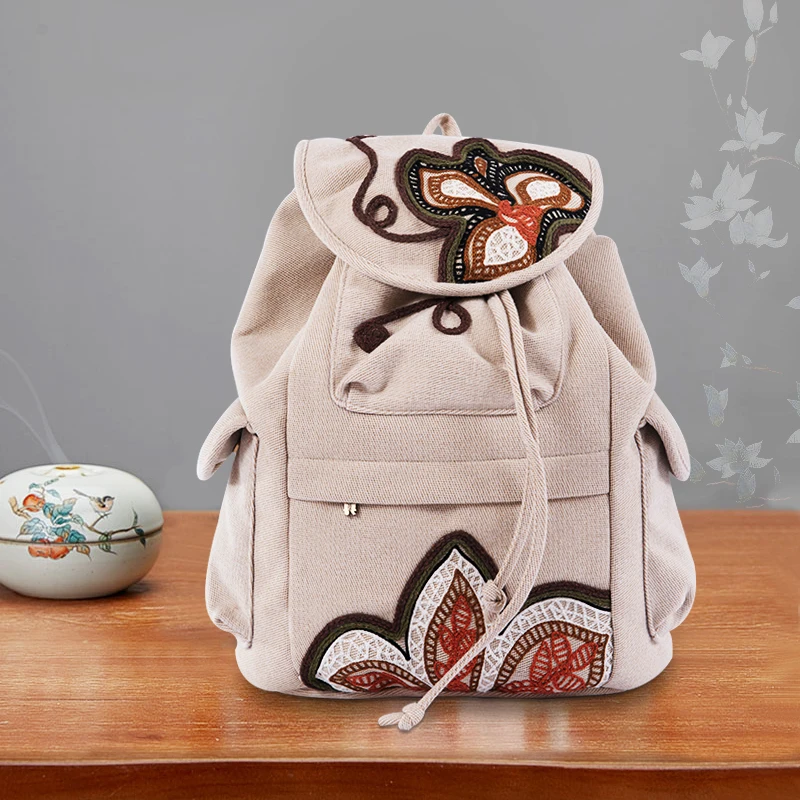 

Women Backpack Large Capacity Embroidered Canvas Laptop Bag Teenage Girls Fashion Light Multi Pocket Drawstring Travel Backpack
