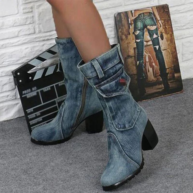 MCCKLE женские джинсовые ботинки до середины икры в стиле ретро женские ботинки на толстом каблуке на молнии Женская обувь на высоком каблуке Новая модная женская обувь - Цвет: blue