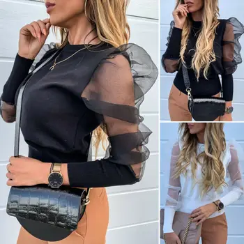 

Women Puff Mesh Sleeve Tops Pullover Sweater Blouse Casual Loose Jumper Tops Lace Sleeve Black Top