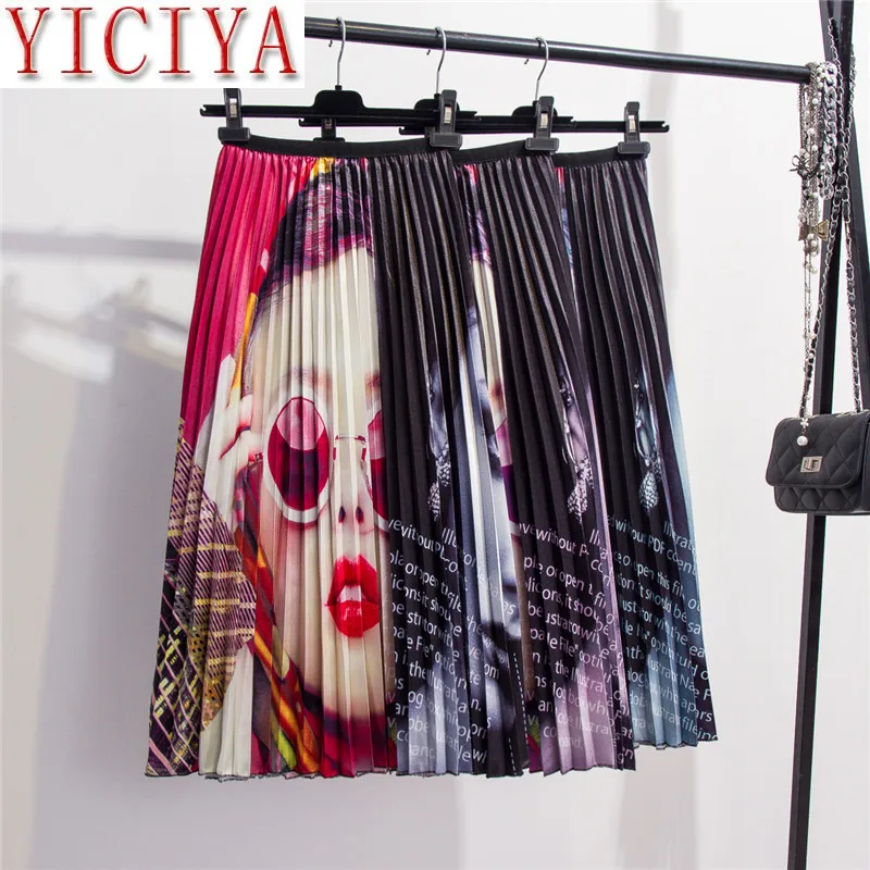 

2020 summer Printing High Waist Pleated Skirt Women Midi Skirts Womens Elastic Waist A Line Long Skirts For Women Rok plus size