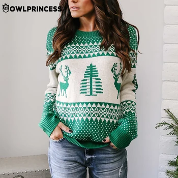 

Daily suit OWLPRINCESS Christmas Sweater Women Pullover Warm And Comfortable Elk + Trees Print Winter Knitted Sweater Femme