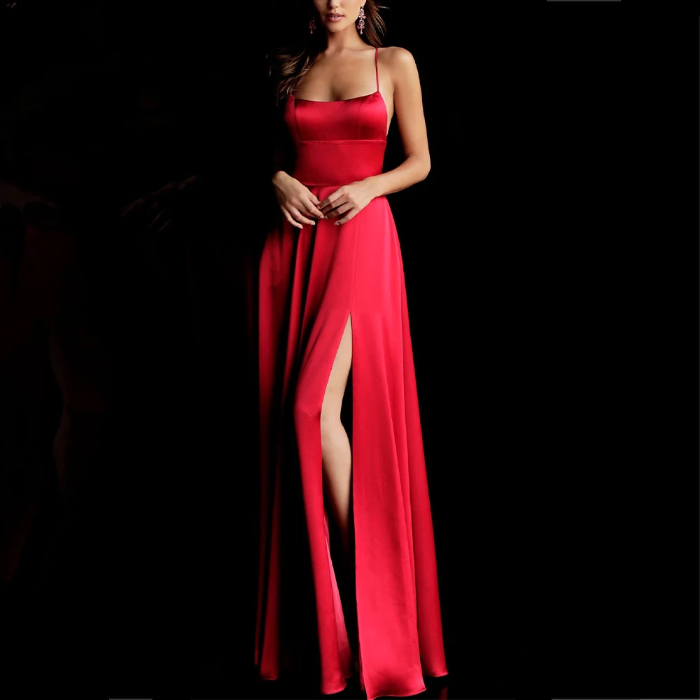 

Anshirlisa Women's Red Sexy Backless Spaghetti Strap Prom Dress Long Sexy Split Ribbon Lace up Satin Simple Evening Gown Custom