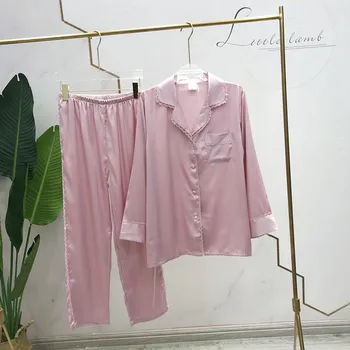 

Fiklyc New Pajamas Women Spring Ice Silk Long-Sleeved Casual Lapel Home Service Thin Sweet Lace