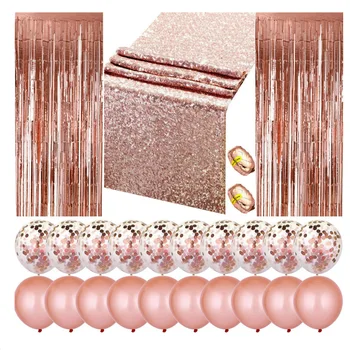 

Party Decorations Balloons Set With 2Pcs Foil Fringe Door Curtains Sequin Table Runner, 20Pcs Balloons and 2 Rolls Foil Ribbon