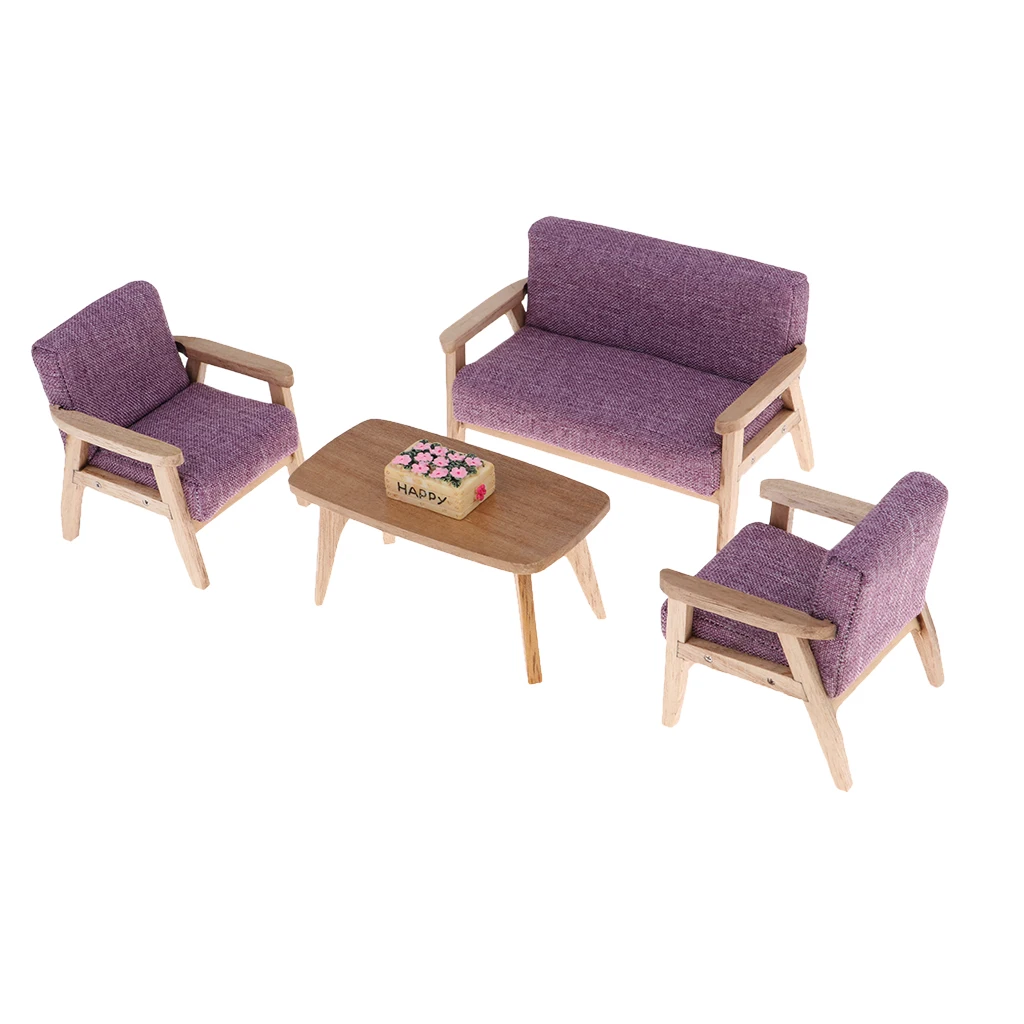 1:12 Scale Dollhouse Wooden End Table Sofa, and Flower Basket 5pcs/set, for Dolls House Living Room Bedroom Decor (Purple)