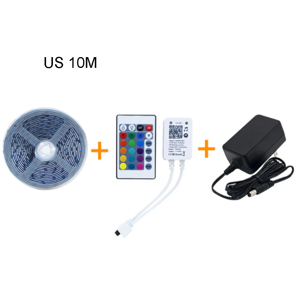 US 10M Светодиодная лента, светильник, музыка, водонепроницаемый, RGB 5050 SMD, гибкая лента fita, светодиодный светильник, лента RGB 5 м 10 м, Диодная лента, пульт дистанционного управления постоянного тока - Испускаемый цвет: US 10M