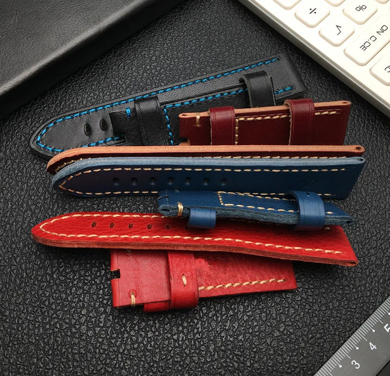 SCHIK 22mm 24mm 26mm thick vintage Genuine real cow Leather Watchband Handmade Men For Panerai strap Man buckle