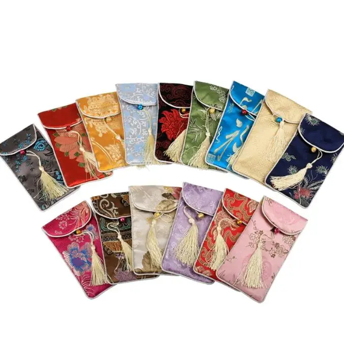 

300pcs Rectangle Chinese Style Handmade Silk Brocade Lucky Tassel Jewelry Pouches Collected Beads Gifts Bags 17x9cm SN2774