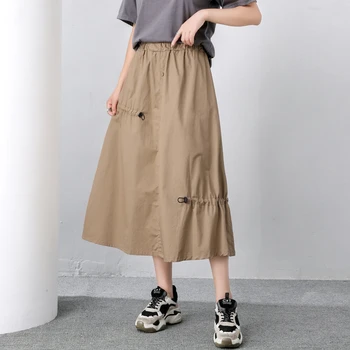

Japanese Casual Skirt Women 2020 Button Elastic Waist Cotton Artistic Clasp Loose Plus-sized A Line Medium-Length Ins Fashion