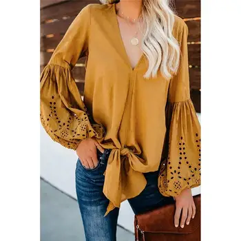 

Women Autumn Simple Lantern Sleeve Top Hollow Out Bow Tie Top Casual V Neck Cotton Tee