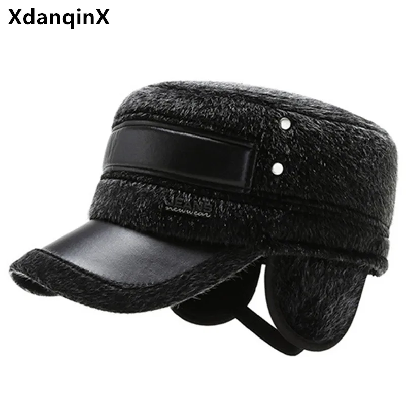 

XdanqinX winter men's hat army Military Hats Imitation mink fur warm earmuffs hat adjustable men flat cap dad casual brands caps