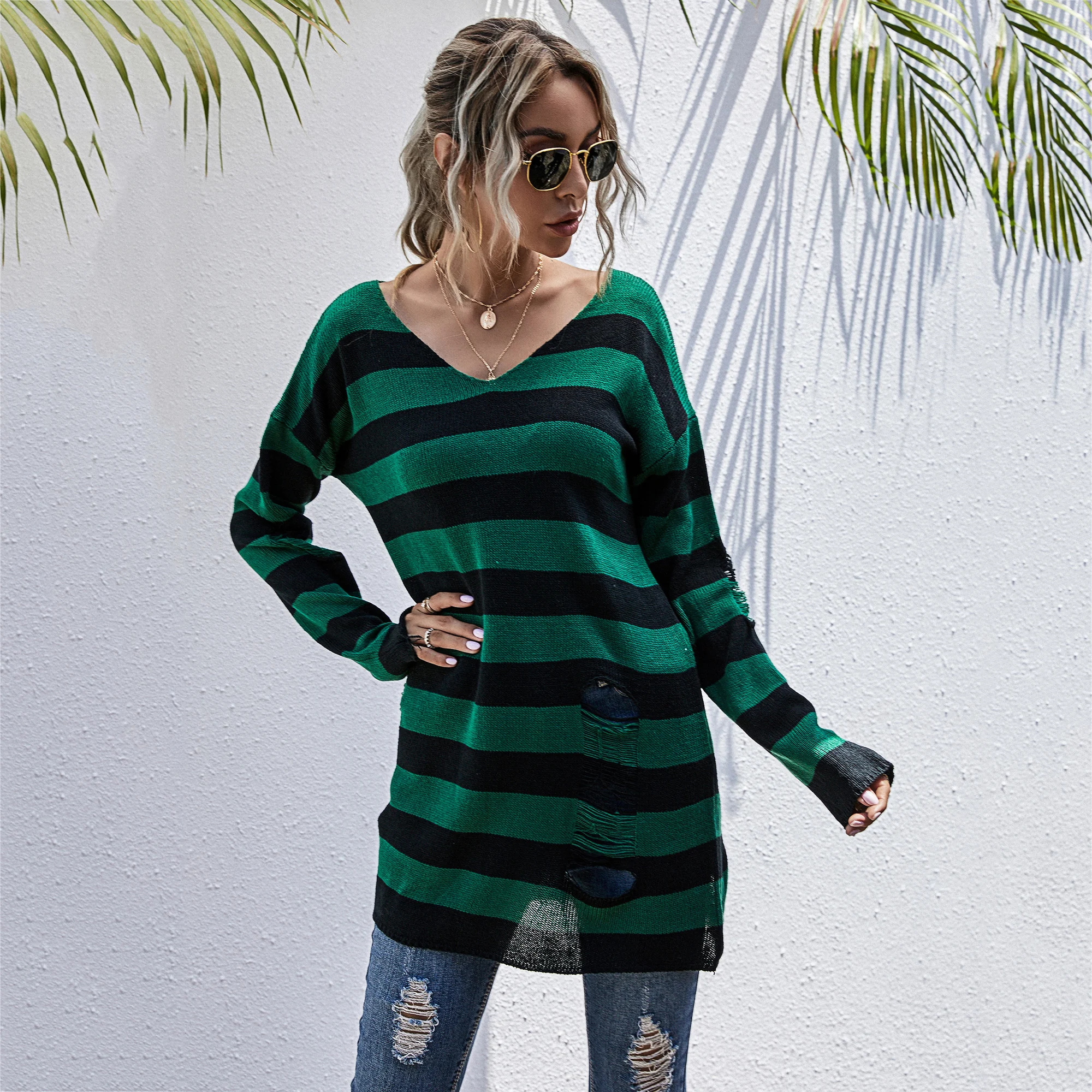 

Ripped sweaters for women autumn 2020 new V-neck green and black striped pullovers spring knit long jumpers female fall clothes