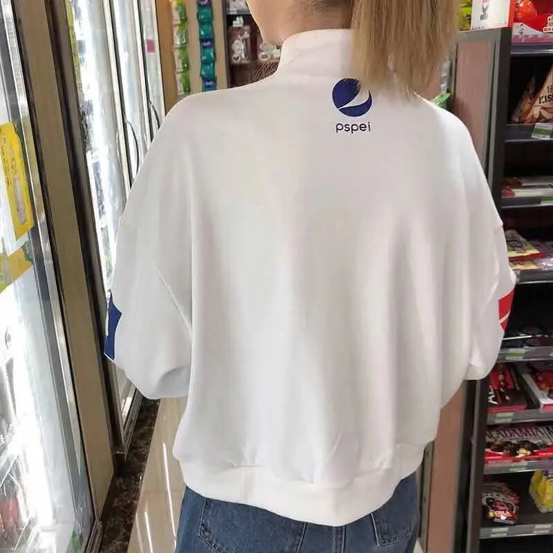 Толстовка на молнии размера плюс женская Kpop одежда осень Ulzzang уличный стиль Pepsi Графический Укороченный свитшот Schoolgill Топы