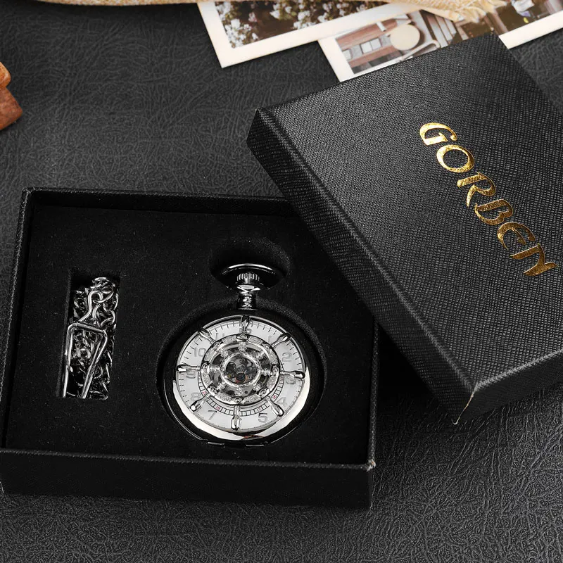 PM071BOX Винтажные Механические карманные часы в римском стиле с рулем, мужские Уникальные двухсторонние бронзовые карманные часы в стиле стимпанк с цепочкой, подарок - Цвет: PM071BOX