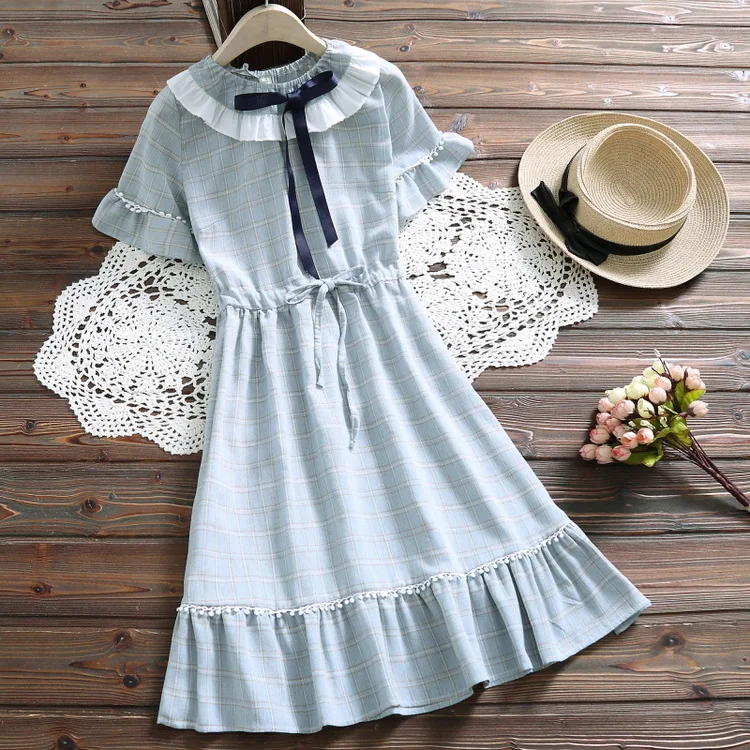 Платье женское клетчатое с оборками и коротким рукавом GD678|Платья| |