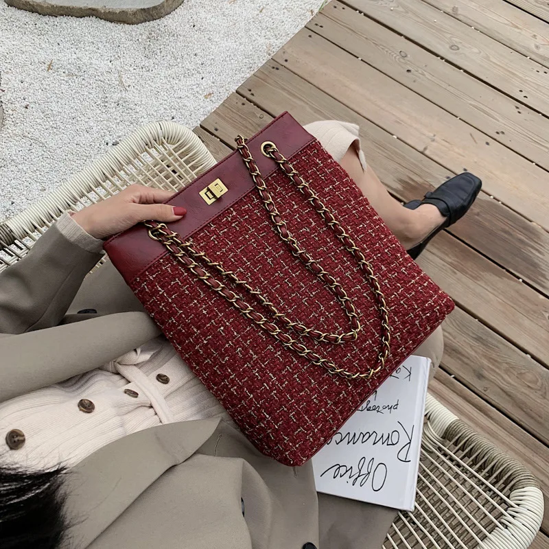 

Bag Women's 2020 New Style Fashion Woolen Cloth Tote Bag INS Network hong yang Gas Versatile Chain Shoulder Large Bag