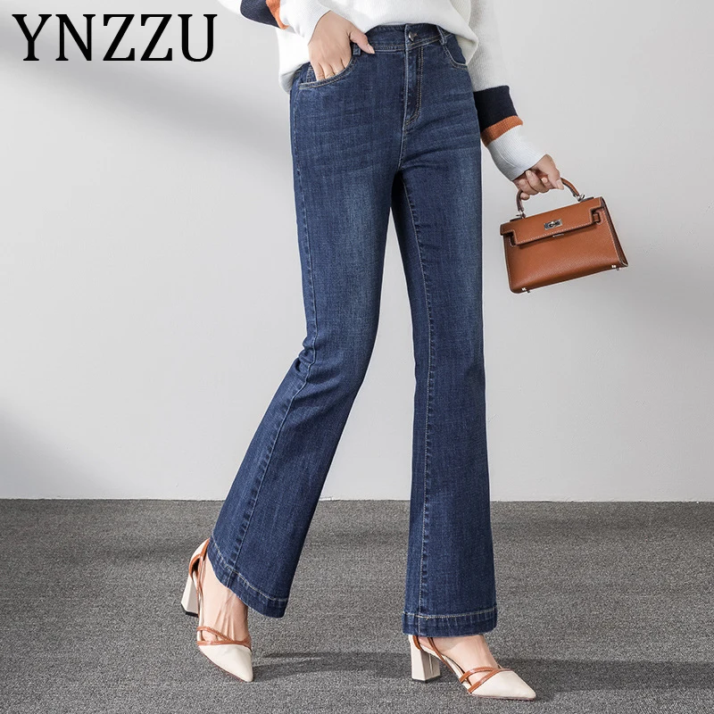 YNZZU Осенние новые модные джинсы с высокой талией женские джинсы в Корейском стиле винтажная Большой размер Джинсы Для Мамы Женские расклешённые брюки AB214