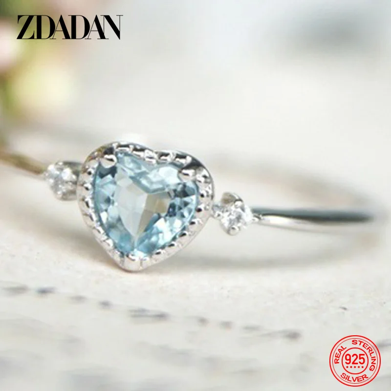 ZDADAN 925er Sterlingsilber-Charm, herzförmiger Aquamarin-Ring für Damen, modischer Verlobungsschmuck, Party-Geschenk