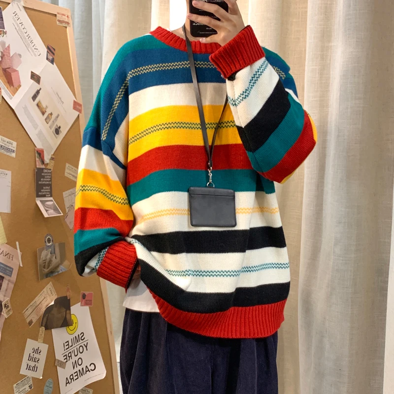 Цвет со свитером в полоску Мужская модная повседневная одежда с О образным