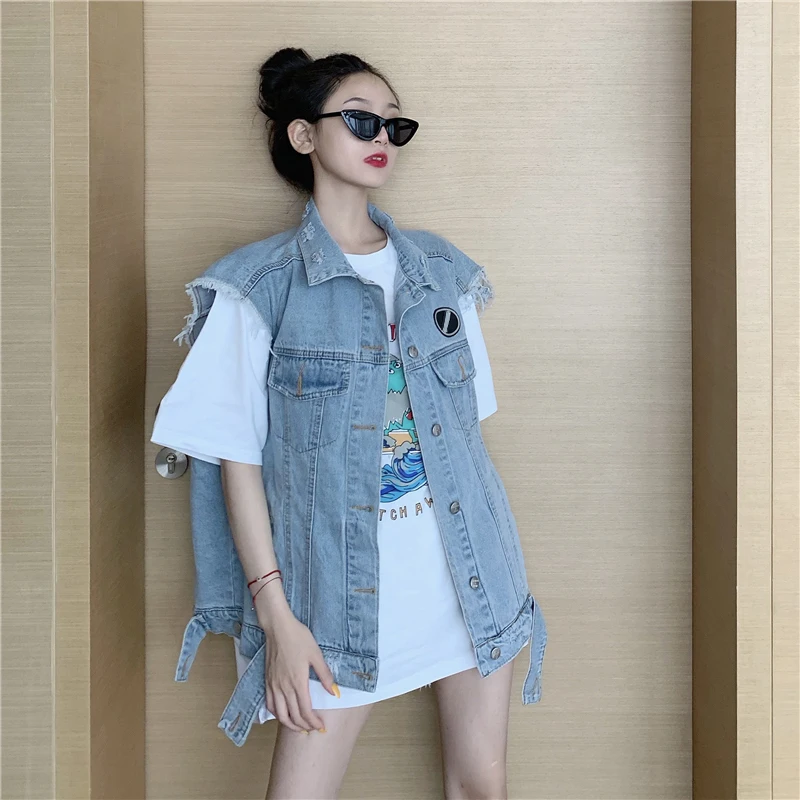 Ulzzang корейский Винтаж Bf мода отверстие безрукавный джинсовый жилет куртка для женщин осень Новое свободное простое пальто Топы Colete Feminino