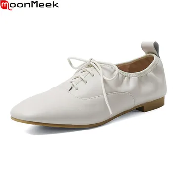 

MoonMeek 2020 Genuine leather shoes comfortable flat heel square toe casual ladies shoes spring autumn women flats