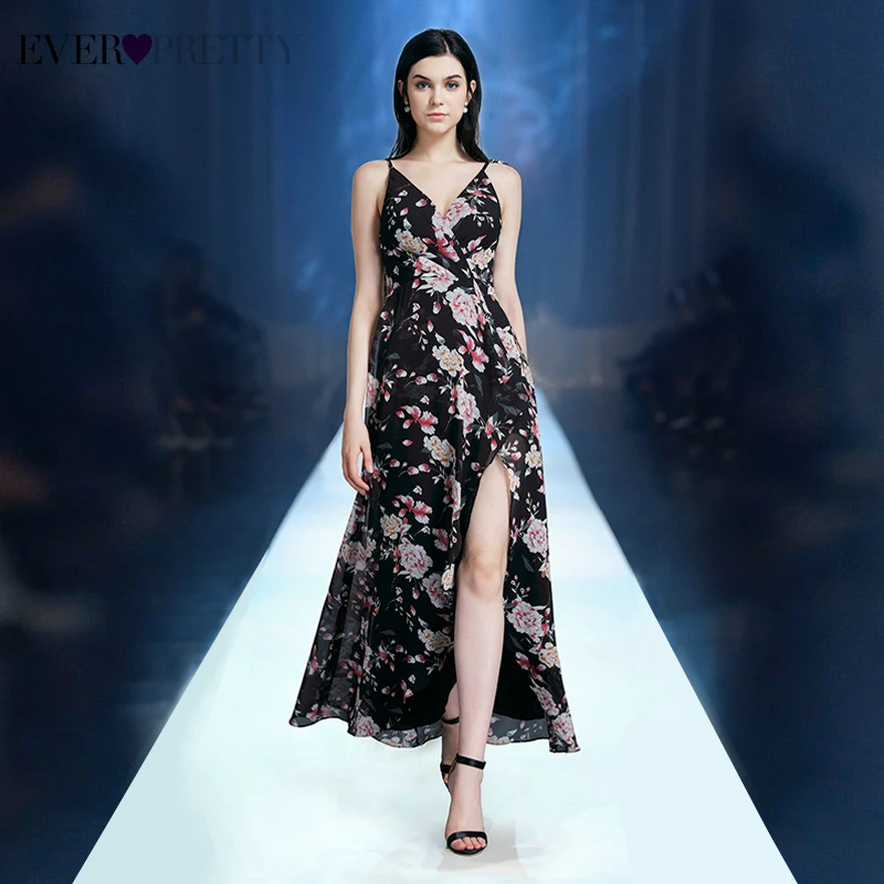 

Sexy Floral Printed Evening Dresses Ever Pretty EP07329BK A-Line Spaghetti Straps V-Neck Side Split Evening Gowns Robe De Soiree
