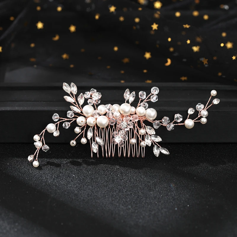 

Fashion Rose Gold Wedding Hair Comb Female Tiara Jewelr Handmade Pearl Rhinestone Headdress Prom Bridal Hair Jewelr Accessories