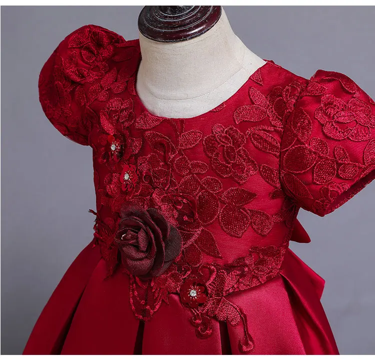 Сатиновое Новогоднее платье принцессы с цветочной аппликацией для девочек; кружевное праздничное платье-пачка со шлейфом и рукавами-крылышками; костюм K2-1771