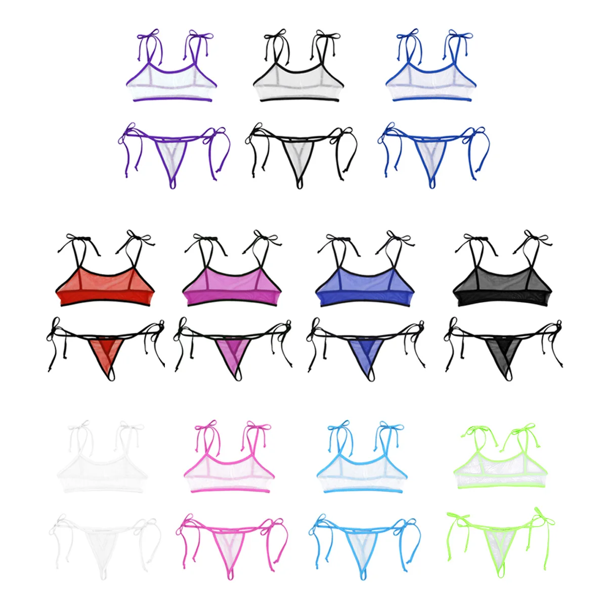 Women Swimsuit Two Piece Sets Mesh See Through Mini Swimwear Beachwear Self-tie Micro Bra Top G-String Thong Briefs 2Pcs
