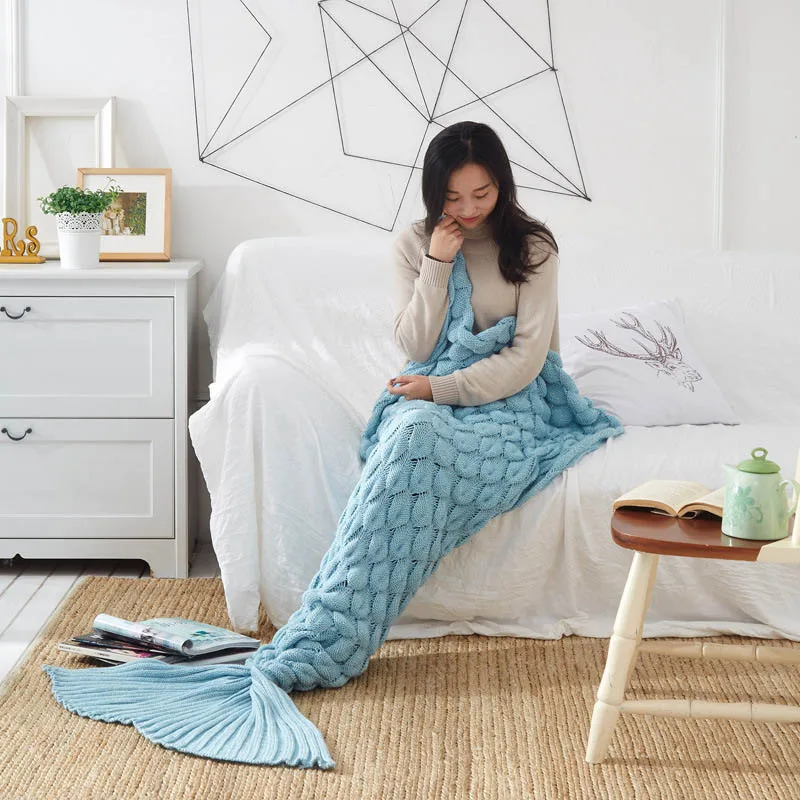 Одеяло русалки вязаное одеяло для кроватей плед на диване рыбья чешуя стиль Русалочка тканые одеяла с хвостом для взрослых и детей - Цвет: Light Blue