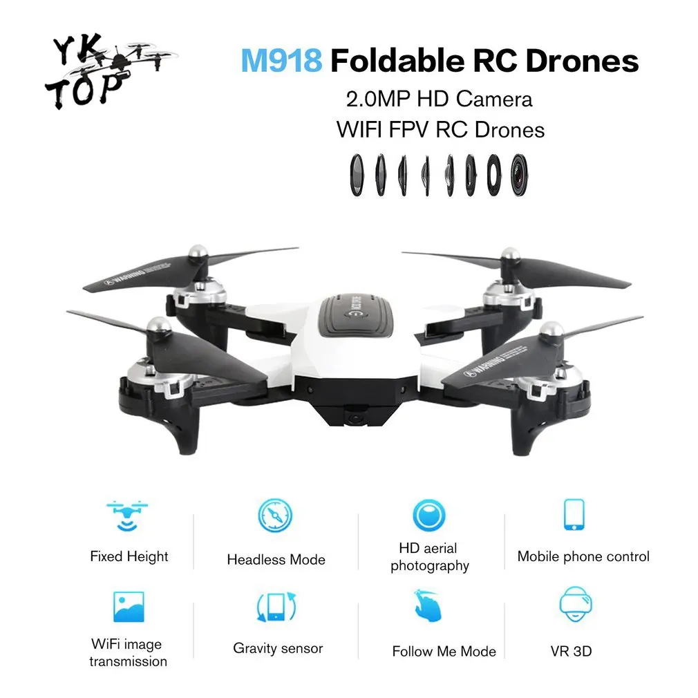 

M918 Foldable RC Drones 2.0MP HD Camera WIFI FPV Drone Altitude Hold Aircraft Four-Axis Drone Airplane with 2 Battery