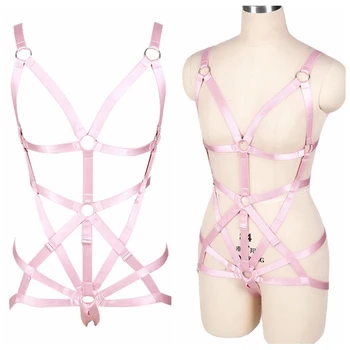 

Girl Body Harness Set Pink Strappy Bondage Chest Tops Punk Goth Garter Belt Elastic Plus Size Sexy Lingerie Dance Night Club