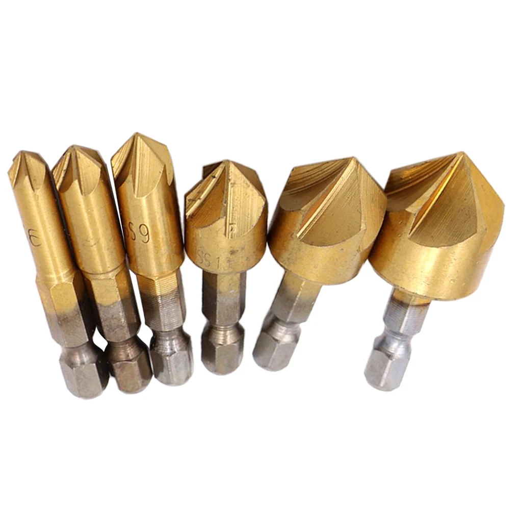 6pcs Woodworking Chamfering Device Countersink Drill Bit Bore Kit Hex 6/8/9/12/16/19mm