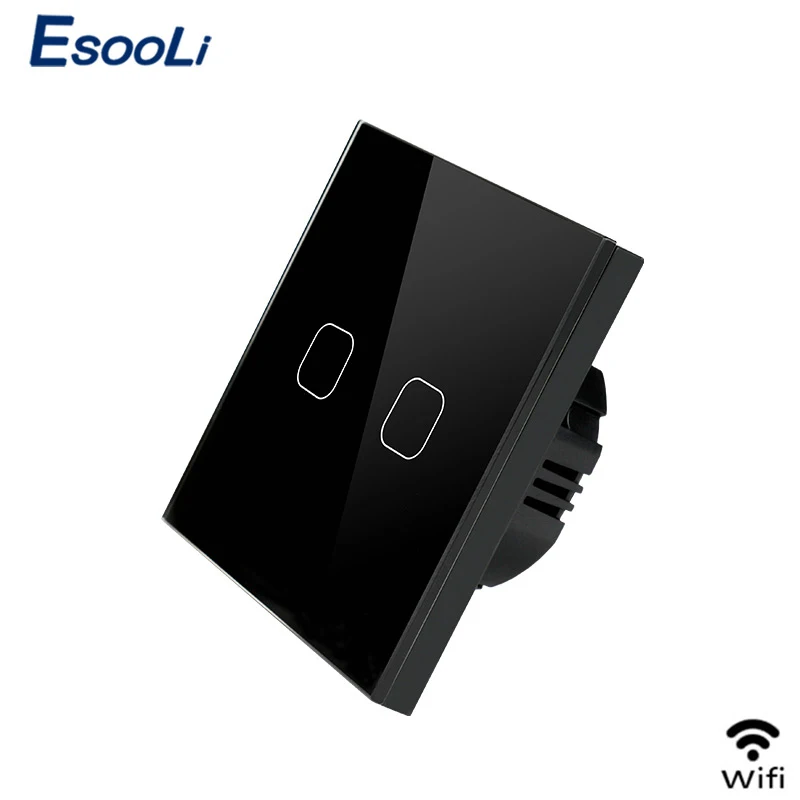 WiFi Black 2 gang Esooli EU/UK wifi умный сенсорный выключатель приложение Беспроводной Выключатель света настенный выключатель Хрустальная стеклянная панель работает с Alexa/Google Home - Цвет: WiFi Black 2 gang